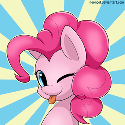 Size: 4000x4000 | Tagged: safe, artist:neoncel, pinkie pie, earth pony, pony, g4, :p, absurd resolution, bust, cute, diapinkes, female, mare, one eye closed, portrait, solo, sunburst background, tongue out, wink
