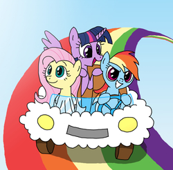 Size: 512x505 | Tagged: safe, artist:manulis, fluttershy, rainbow dash, twilight sparkle, alicorn, pegasus, pony, g4, car, cloud, driving, female, grin, mare, night at the roxbury, open mouth, power wheels, rainbow, rainbow road, riding, sitting, sky, smiling, trio, twilight sparkle (alicorn), what is love