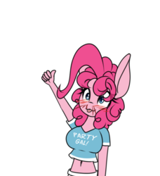 Size: 500x549 | Tagged: safe, artist:silverfox057, pinkie pie, earth pony, anthro, g4, belly button, big breasts, blood, blushing, breasts, busty pinkie pie, clothes, explicit source, midriff, nosebleed, shirt, simple background, thumbs up, tongue out, transparent background