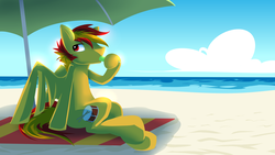 Size: 5248x2952 | Tagged: safe, artist:neoncel, oc, oc only, oc:gerhard, beach, food, popsicle, solo, summer
