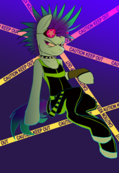 Size: 2772x4000 | Tagged: safe, artist:neoncel, oc, oc only, oc:raven mcchippy, semi-anthro, caution tape, collar, mohawk, punk, solo, spiked collar, spiky mane