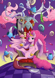 Size: 1024x1448 | Tagged: safe, artist:muffinkarton, idw, discord, gummy, pinkie pie, alicorn, draconequus, pony, g4, alicornified, bad end, balloon, chair, chaos, chocolate, chocolate rain, coffee mug, crown, cupcake, discorded landscape, female, food, jewelry, looking at you, male, mare, mug, party cannon, pinkiecorn, princess of chaos, race swap, rain, regalia, ship:discopie, shipping, straight, throne, xk-class end-of-the-world scenario