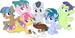 Size: 8065x4057 | Tagged: safe, artist:pink1ejack, cucumber seed, kettle corn, mocha berry, pipsqueak, rumble, skeedaddle, tulip swirl, pony, g4, marks and recreation, absurd resolution, colt, female, filly, looking at you, male, simple background, smiling, transparent background, vector