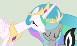 Size: 1024x617 | Tagged: safe, artist:lost-our-dreams, princess celestia, oc, oc:unity, hybrid, pony, g4, female, interspecies offspring, mother and daughter, nuzzling, offspring, parent:discord, parent:princess celestia, parents:dislestia, simple background