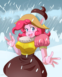 Size: 2303x2846 | Tagged: safe, artist:traupa, chancellor puddinghead, pinkie pie, anthro, g4, breasts, busty pinkie pie, clothes, collar, elizabethan, female, high res, looking at you, ruff (clothing), smiling, snow, snowfall, solo