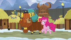 Size: 1280x720 | Tagged: safe, screencap, pinkie pie, prince rutherford, earth pony, pony, yak, not asking for trouble, cloven hooves, crown, duo, ear piercing, earring, female, horn ring, jewelry, male, nervous, piercing, regalia, snow, yakyakistan