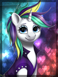 Size: 3000x4000 | Tagged: safe, artist:deltahedgehog, rarity, pony, unicorn, g4, it isn't the mane thing about you, alternate hairstyle, clothes, cute, female, gradient background, heart, high res, looking at you, punk, raripunk, short hair, solo