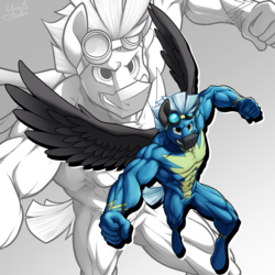 Size: 1278x1278 | Tagged: safe, artist:ponyanony, thunderlane, pegasus, anthro, unguligrade anthro, g4, abs, armpits, biceps, clenched fist, clothes, deltoids, goggles, gray background, looking up, male, muscles, partial nudity, pecs, pose, simple background, solo, stallion, stupid sexy thunderlane, suit, thighs, thunder thighs, tight clothing, uniform, wonderbolts, wonderbolts uniform, zoom layer
