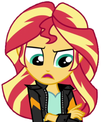 Size: 561x677 | Tagged: safe, artist:fella, sunset shimmer, equestria girls, g4, my little pony equestria girls: friendship games, clothes, female, jacket, leather jacket, looking down, simple background, solo, talking, transparent background