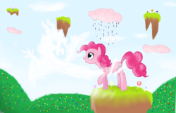 Size: 6280x4056 | Tagged: safe, artist:mr100dragon100, pinkie pie, g4, absurd resolution, candy, chocolate, chocolate rain, cloud, cotton candy, cotton candy cloud, female, floating island, food, happy, rain, smiling, solo