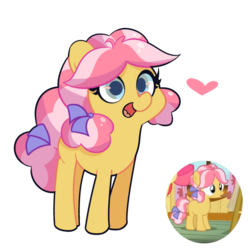 Size: 1300x1300 | Tagged: safe, artist:turtlefarminguy, kettle corn, earth pony, pony, g4, marks and recreation, cute, female, filly, heart, picture-in-picture, simple background, smiling, solo, transparent background