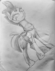 Size: 1245x1600 | Tagged: safe, artist:ponsce, tempest shadow, pony, unicorn, g4, my little pony: the movie, broken horn, female, grayscale, horn, mare, monochrome, sketch, solo, traditional art