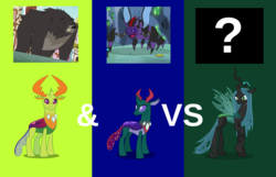Size: 933x600 | Tagged: safe, pharynx, queen chrysalis, thorax, bear, changedling, changeling, changeling queen, g4, to change a changeling, triple threat, bear thorax, changeling king, changeling mega evolution, king thorax, prince pharynx