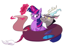 Size: 1000x698 | Tagged: safe, artist:turkleson, discord, twilight sparkle, alicorn, pony, g4, coils, cuddling, female, glasses, glowing, glowing horn, horn, male, quill, scroll, ship:discolight, shipping, simple background, straight, transparent background, twilight sparkle (alicorn)