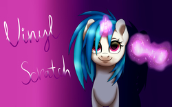 Size: 3200x2000 | Tagged: safe, artist:deltahedgehog, dj pon-3, vinyl scratch, pony, unicorn, g4, cute, female, glasses, gradient background, high res, magic, mare, smiling, solo, vinylbetes