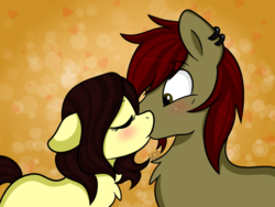 Size: 720x542 | Tagged: safe, artist:vale-bandicoot96, oc, oc only, earth pony, pony, blushing, female, floppy ears, kissing, male, mare, stallion