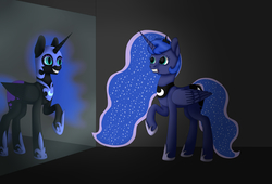 Size: 3330x2269 | Tagged: safe, artist:deltahedgehog, nightmare moon, princess luna, alicorn, pony, g4, cute, fear, female, gradient background, high res, mare, smiling, solo, wings