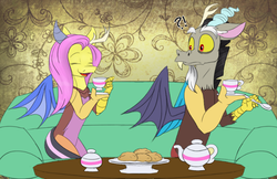 Size: 1009x654 | Tagged: safe, artist:ggchristian, discord, fluttershy, draconequus, g4, cup, draconequified, duo, exclamation point, eyes closed, female, flutterequus, interrobang, male, mismatched horns, question mark, species swap, spoon, tea party, teacup, teapot
