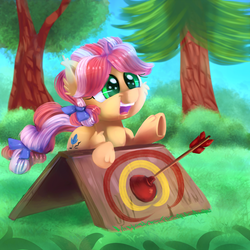 Size: 2000x2000 | Tagged: safe, artist:discorded, kettle corn, pony, g4, marks and recreation, cute, female, high res, kettlebetes, open mouth, scenery, target practice, underhoof