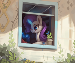 Size: 1000x837 | Tagged: safe, artist:rodrigues404, rarity, pony, unicorn, g4, female, glasses, glowing horn, horn, magic, mare, solo, window