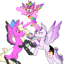 Size: 1600x1600 | Tagged: safe, artist:nootaz, oc, oc only, oc:prince bloodshed, oc:princess collective, oc:queen mary sue, alicorn, changeling, pony, alicorn oc, baby, donut steel, foal, glowing horn, horn, rainbow hair, rearing, simple background, transparent background