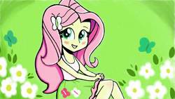Size: 800x450 | Tagged: safe, artist:ickery, fluttershy, equestria girls, g4, blushing, clothes, cute, female, shyabetes, skirt, solo, tank top