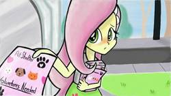 Size: 800x450 | Tagged: safe, artist:ickery, fluttershy, equestria girls, g4, my little pony equestria girls, blushing, clothes, courtyard, female, flyer, scene interpretation, skirt, solo, tank top, wrong eye color