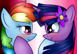 Size: 1024x724 | Tagged: safe, artist:twidasher, editor:shimmering blaze, rainbow dash, twilight sparkle, pony, g4, blushing, duo, female, flower, flower in hair, lesbian, looking at each other, ship:twidash, shipping