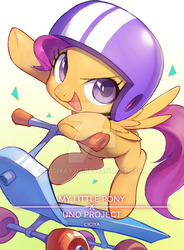 Size: 600x817 | Tagged: safe, artist:ciciya, scootaloo, pegasus, pony, g4, badass, badass adorable, blank flank, cute, cutealoo, female, filly, foal, gradient background, helmet, looking at you, open mouth, open smile, scooter, smiling, smiling at you, solo, spread wings, watermark, wings