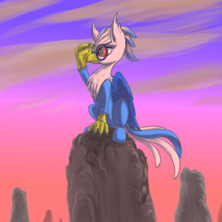 Size: 2000x2000 | Tagged: safe, artist:kovoranu, oc, oc only, oc:vivian iolani, classical hippogriff, hippogriff, cloud, cloudy, female, glasses, high res, red eyes, simple background, solo, sunset