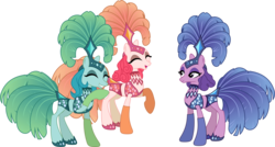 Size: 5612x3000 | Tagged: safe, artist:jeatz-axl, edit, emerald flare, sapphire sequins, sunset circus, g4, viva las pegasus, absurd resolution, clothes, eyes closed, female, inverted mouth, laughing, midriff, open mouth, performer, raised hoof, show mares, showgirl, simple background, transparent background, trio female, vector