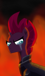 Size: 2097x3481 | Tagged: safe, artist:ejlightning007arts, tempest shadow, pony, g4, my little pony: the movie, armor, broken horn, crying, female, fire, high res, horn, mare, solo