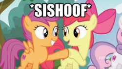 Size: 1000x562 | Tagged: safe, screencap, apple bloom, scootaloo, sweetie belle, earth pony, pony, g4, marks and recreation, cutie mark crusaders, discovery family logo, happy, hoofbump, image macro, meme