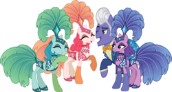 Size: 5612x3000 | Tagged: safe, artist:jeatz-axl, artist:uponia, edit, emerald flare, gladmane, sapphire sequins, sunset circus, earth pony, pony, g4, viva las pegasus, absurd resolution, boss, cape, clothes, eyes closed, female, flirting, foursome, implied foursome, laughing, male, mare, midriff, necktie, open mouth, performer, raised hoof, show mares, showgirl, simple background, stallion, transparent background, vector
