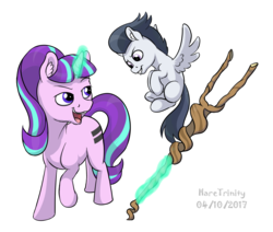 Size: 1222x1038 | Tagged: safe, artist:haretrinity, rumble, starlight glimmer, pegasus, pony, unicorn, g4, duo, equal cutie mark, flying, levitation, magic, open mouth, s5 starlight, simple background, staff, staff of sameness, telekinesis, this will end in communism, transparent background