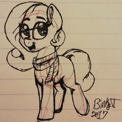 Size: 1815x1815 | Tagged: safe, artist:binkyt11, derpibooru exclusive, oc, oc only, oc:terra flora, pony, blank flank, clothes, female, filly, lined paper, monochrome, partial color, scarf, solo, traditional art