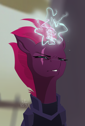 Size: 2208x3264 | Tagged: safe, artist:your-dear-skyla, tempest shadow, g4, my little pony: the movie, broken horn, eye scar, female, glowing horn, high res, horn, scar, signature, solo, sparking horn, squint