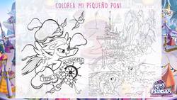 Size: 1920x1080 | Tagged: safe, fluttershy, pinkie pie, rainbow dash, pony, g4, my little pony: the movie, coloring page, my little pony logo, spanish