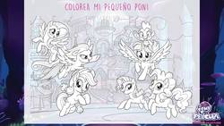 Size: 1920x1080 | Tagged: safe, applejack, fluttershy, pinkie pie, rainbow dash, rarity, spike, twilight sparkle, alicorn, dragon, pony, g4, my little pony: the movie, coloring page, mane seven, mane six, my little pony logo, spanish, twilight sparkle (alicorn)