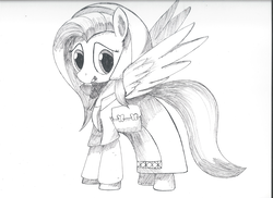 Size: 3507x2550 | Tagged: safe, artist:taurson, fluttershy, pony, g4, clothes, female, high res, inktober, monochrome, mouth hold, solo, traditional art