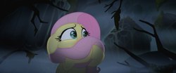 Size: 1920x800 | Tagged: safe, screencap, fluttershy, g4, my little pony: the movie, female, fog, forest, hippogriffia, scared, solo