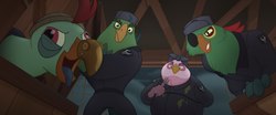 Size: 1920x800 | Tagged: safe, screencap, boyle, lix spittle, mullet (g4), squabble, parrot pirates, g4, my little pony: the movie, cap, clothes, eyepatch, fork, hat, open mouth, pirate, prosthetic beak, storm king's messenger outfit, tongue out