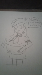 Size: 1440x2560 | Tagged: safe, artist:voreandpreggos, derpy hooves, equestria girls, g4, aderpose, belly, big belly, fat, monochrome, stomach noise, stuffed, traditional art