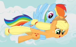 Size: 1679x1051 | Tagged: safe, artist:dsfranch, applejack, rainbow dash, pony, g4, flying, holding a pony