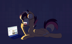 Size: 1500x934 | Tagged: safe, artist:friendlyraccoon, oc, oc only, pegasus, pony, computer, glasses, headphones, laptop computer, male, prone, rick and morty, solo, stallion, tv tropes