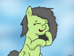 Size: 1193x896 | Tagged: safe, artist:sunnzio, oc, oc only, oc:filly anon, earth pony, pony, female, filly, happy, laughing, reaction image, solo