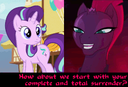 Size: 954x648 | Tagged: safe, edit, screencap, starlight glimmer, tempest shadow, g4, my little pony: the movie, the making of my little pony: the movie, triple threat, animated, balloon, caption, close-up, cropped, female, gif, glare, laughing, ponyville, smiling, text