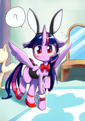 Size: 2039x2894 | Tagged: safe, artist:unousaya, twilight sparkle, alicorn, pony, g4, adorasexy, blushing, bow, bowtie, bunny ears, bunny suit, clothes, cufflinks, cuffs (clothes), cute, female, floppy ears, high heels, high res, leotard, mare, question mark, sexy, shoes, solo, spread wings, twiabetes, twilight sparkle (alicorn), wings