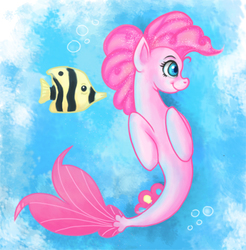 Size: 500x509 | Tagged: safe, artist:kamel21, pinkie pie, butterfly fish, earth pony, fish, pony, seapony (g4), tropical fish, g4, my little pony: the movie, cute, diapinkes, dorsal fin, female, fin, fish tail, flowing mane, flowing tail, looking at you, mare, ocean, open mouth, open smile, scales, seaponified, seapony pinkie pie, smiling, solo, species swap, swimming, tail, that pony sure does love being a seapony, underwater, water