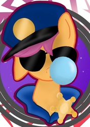 Size: 499x699 | Tagged: safe, artist:dsfranch, scootaloo, pony, g4, bubblegum, bust, female, food, gum, hat, one ear down, police uniform, portrait, sheriff's badge, solo, sunglasses